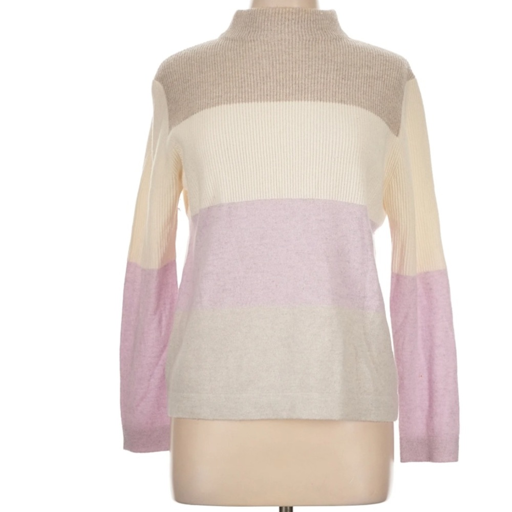 Forte Cashmere Pastel Striped Ribbed Mock Neck Cashmere Sweater Size Large